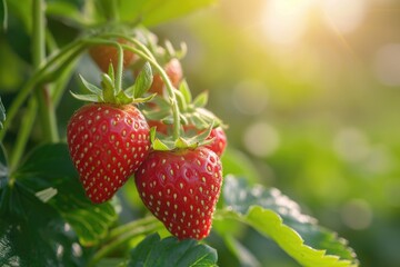 Close up strawberry bush garden background, Farm fresh strawberries