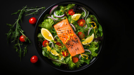 Green salad with salmon fillet.
