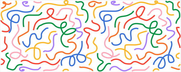 Fun colorful line doodle seamless pattern. Creative minimalist style art background for children or trendy design with basic shapes. 