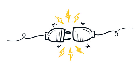 Plug inserting into electric outlet. Power socket disconnect line hand drawn. 404 error connection concept. Vector sketch illustration © Rizkreativ