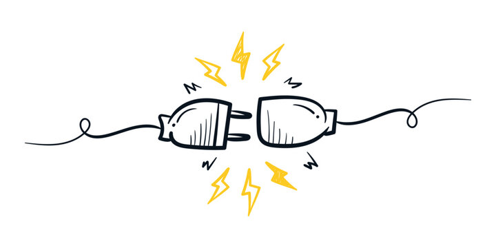 Plug inserting into electric outlet. Power socket disconnect line hand drawn. 404 error connection concept. Vector sketch illustration