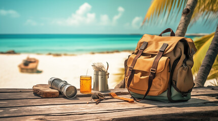 Travel accessories on wooden table on tropical beach. Summer vacation concept.