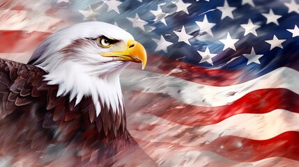 Wavy American flag with an eagle symbolizing strength and freedom . 4th of July Memorial or Independence day background
