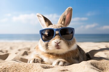 cool easter bunny with sunglasses relax on the beach