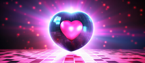 Valentine's Day and Love concept. Neon background in a 90s vintage shiny disco. Shape heart disco ball. Digital festive art for poster, template, flyer, banner or design element