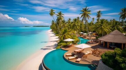 Paradise Tropical landscapes, islands with water villas with pools, stunning beach, azure sea and palm trees against the blue sky on a sunny day. Exotic tourism, summer vacations, Travel concepts.