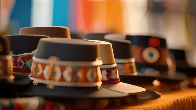 Closeup of a proud familys matching traditional hats, each adorned with a different symbol representing their heritage.