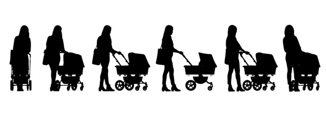 Vector concept conceptual black silhouette of a woman pushing a baby stroller  from different perspectives isolated on white background. A metaphor for motherhood, family, love and lifestyle