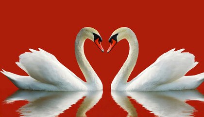 Romantic couple of white mute swans, face to face forming a heart with their necks and beaks. On a red background with reflections and copy space. Relationship and love concept. Generative Ai.