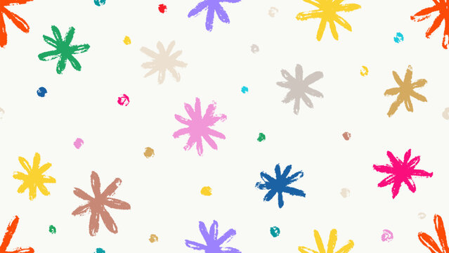 Colored flowers seamless pattern. Chamomile or daisy silhouettes. Hand drawn brush drawn botanical pattern. Vector simple sketch flowers. Colorful silhouettes flower buds of spring chamomile.