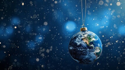 Obraz na płótnie Canvas Planet Earth made in form of Christmas ball. View from space to earth. Christmas decoration on tree