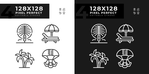 Luxury resort vacation linear icons set for dark, light mode. Artificial island. Variety of outdoor activities. Thin line symbols for night, day theme. Isolated illustrations. Editable stroke