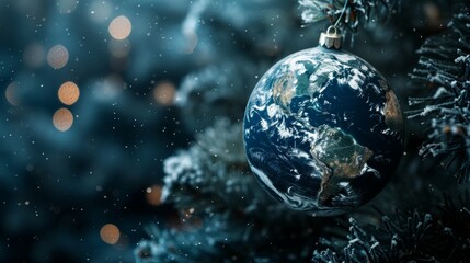 Planet Earth made in form of Christmas ball. View from space to earth. Christmas decoration on tree