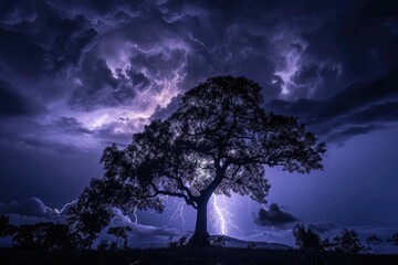 tree view with dark sky and lightning strikes