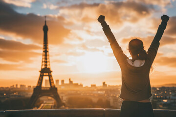Portrait of a happy athlete celebrating winning success with France, Paris Eiffel tower background