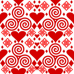 Seamless pattern with red hearts and spirals, Valentines Day background