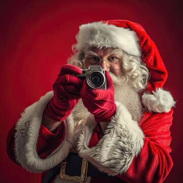 Portrait of santa claus with a camera over red background.