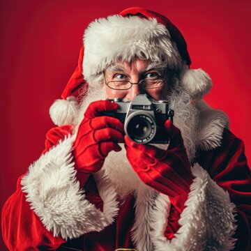 Santa Claus with a camera on a red background. Christmas and New Year concept.