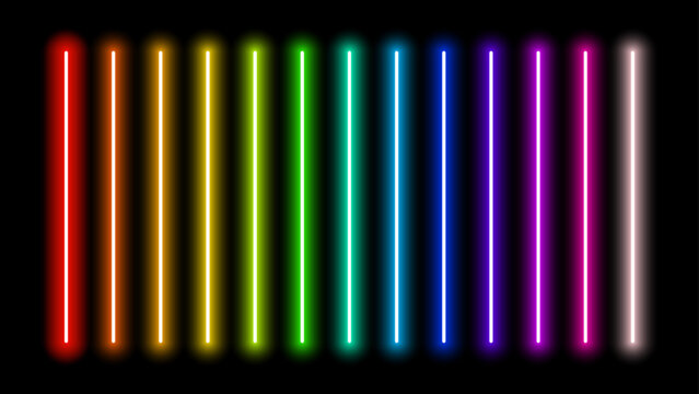 Laser and Luminous neon sticks isolated, gradient lights lines set in different rainbow colors. Red, Orange, Yellow, Green, Blue, Purple, Violet and White. Led neon lamp tube, glowing vector.