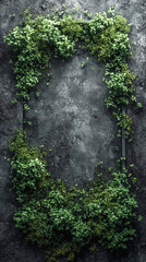 Green plants on a black textured concrete wall.