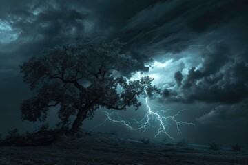 tree view with dark sky and lightning strikes