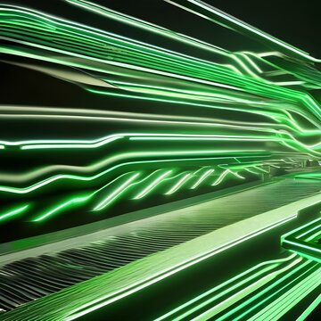 Glowing green neon lines weaving dynamically in a mesmerizing 3D render, leaving radiant tracks on a pitch-black canvas3