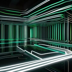 Abstract futuristic landscape with vibrant green neon lines weaving across a dark black background, creating a mesmerizing 3D render3