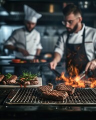 Grilled steaks in the foreground and chef in a leather tunic in the kitchen of a restaurant In the background. Selective focus - obrazy, fototapety, plakaty