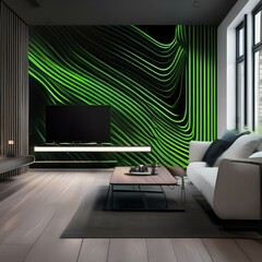 Fototapeta premium A striking abstract wallpaper featuring dynamic green neon lines flowing over a pitch-black canvas, forming intricate patterns of streaming energy5