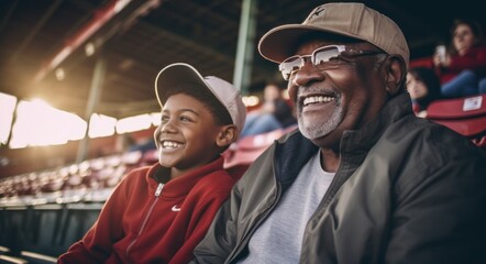 Happy African American Grandfather and Grandson Enjoying Baseball Game Together in the Stands