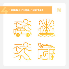 Sightseeing Dubai tourism gradient linear vector icons set. Jeep trip. Dune safari. formula one grand prix racing. Thin line contour symbol designs bundle. Isolated outline illustrations collection