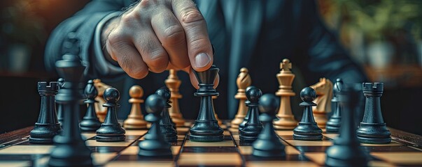 Strategic gameplay on chessboard decision and intelligence. Businessman planning moves leadership and tactical thinking in chess. Symbolizing management and teamwork piece battle for victory