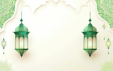eid mubarak greeting card background, white texture paper and green mandala with ramadam lantarn 