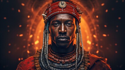 Illustration of a beaded tribal jewelry and cloth adorned African Maasai warrior man created through generative AI art.