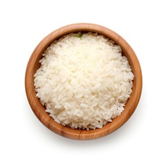 Fototapeta na wymiar Italian short-grain rice with rounded shape and increased starch content - Arborio rice served in a wooden bowl. An isolated close-up macro photo of the