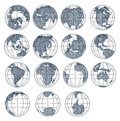 Earth globe doodle set. Sketch of globe. Planet sketched map America, india, Africa, Europe, Asia continents vector hand drawn illustrations. Sketch in ink illustration.