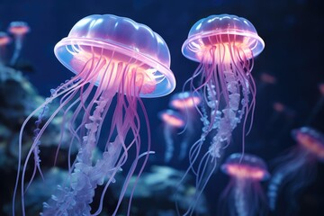 a close up of a jellyfish in a blue sea with a light shining on the top of it's head