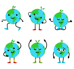 Planet Earth character set. Cartoon happy and unhappy planets. Cute planet Earth characters bundle set. Isolated on white background. Vector planet Earth mascot character