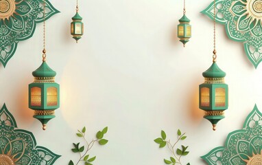 eid mubarak greeting card background, white texture paper and green mandala with ramadam lantarn 