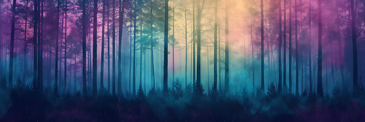 Mystical forest at dusk gradient with deep purples, blues, and greens, featuring a grainy texture for an enchanted woodland-themed event - obrazy, fototapety, plakaty