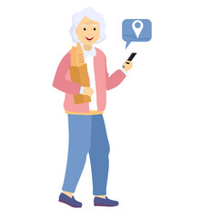 Elderly woman using smartphones. Happy old woman smartphone, modern pensioner mobile phone internet technology. Grandmother uses smartphone to find a location. Vector illustration