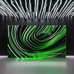 A mesmerizing abstract composition featuring vivid green neon lines moving dynamically over a black canvas, leaving trails of vibrant energy1