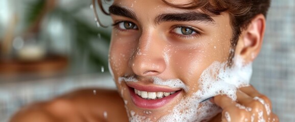 Handsome Man Shaving Near Mirror Bathroom, Background HD For Designer