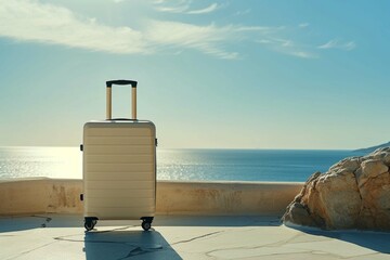 beige colored small cabin sized suitcase with wheels standing in front of a sunny sunlit Mediterranean off-white. Minimalistic vacation traveling concept - Powered by Adobe