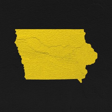 Iowa yellow map on isolated black textured background. High quality coloured map of Iowa, USA.