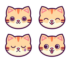 Fototapeta premium Set of vector cats faces. Funny kawaii cartoon baby character. Cute cat characters. Cute cat emotions. Stickers. Vector illustration isolated on white background.