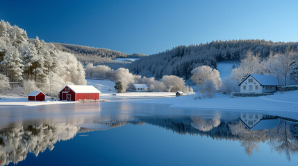 Distant photograph of red wooden norwegian houses in the snow next to a lake.