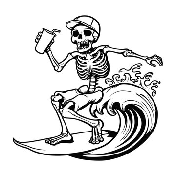 Skeleton in baseball cap holding cocktail and Surfing board, vector illustration.