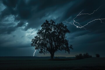 Obraz premium tree view with dark sky and lightning strikes