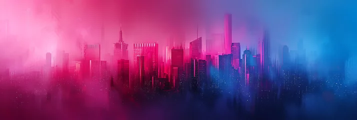 Tuinposter Neon city skyline gradient in electric pinks, blues, and purples with a grainy texture for a metropolitan-themed event.  © Simo